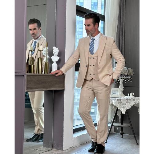 Aesido Mens 2XL-XL Green 3pc Suit Plaid Tuxedos Business Suits Slim Fit Double Breasted