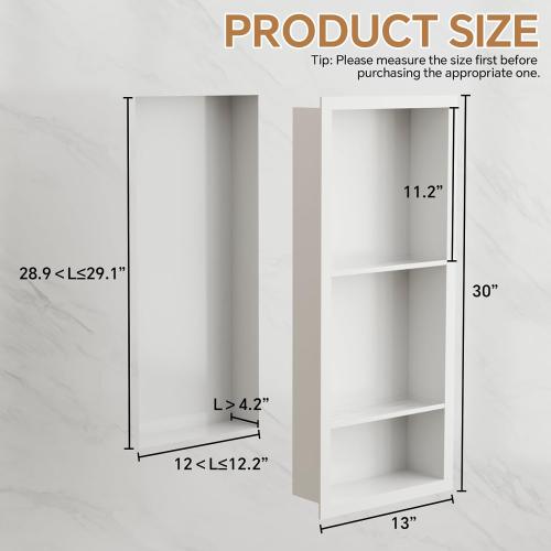 White 3-Tier Stainless Steel Shower Niche Insert, 29'' * 12'' No Tile Needed Bathroom Niche for Shower Wall, Recessed Wall Cabinet Shelves for Drywall, Living Room, in Wall Shower Shelves, White
