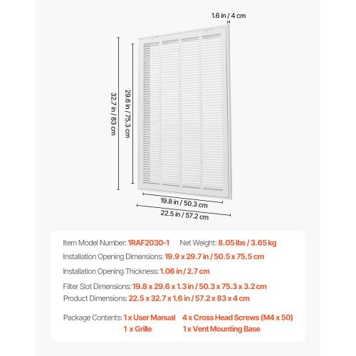 VEVOR Return Air Filter Grille, Fits W20 x H30 Inch Duct Opening, Filter Not Included, Return Air Vent Cover for Wall, Powder-Coated Steel Return Air Grill Detachable Face/Door for 1 inch Filters