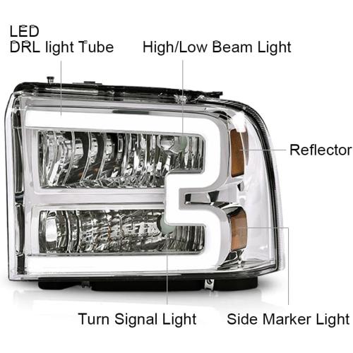 PIT66 LED Headlight Assembly Compatible with 2005-2007 Ford F250 F350 F450 F550 Super Duty/ 2005 Excursion,(Not Fit Sealed Beam Headlight model) Clear Lens Chrome Housing Amber Reflector