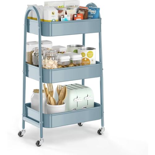 3 Tier Utility Rolling Cart, EAGMAK Metal Storage Cart with Handle and Lockable Wheels, Multifunctional Storage Organizer Trolley with Mesh Baskets for Kitchen, Living Room, Office, Garage (Blue)