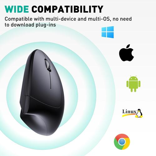 Bluetooth and 2.4G (2-in-1) Rechargeable Wireless Mouse, Ergonomic Vertical Design, 1000/1200/1600 DPI, 6 Silent Buttons, for Laptop, Computer, PC, MacBook, Chromebook-Black