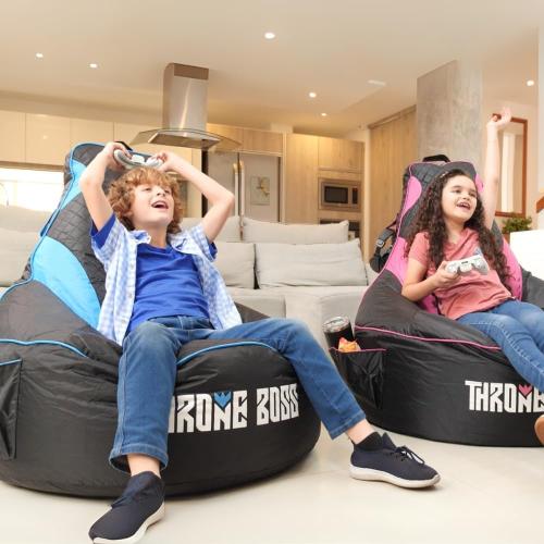 New only open for inspection Throne Boss Gaming Bean Bag Chair for Kids with High Back – Floor Gaming Chair, Easy to Clean Oxford 420D Fabric, Large Side Pockets, Headphone Hanger – Cover ONLY Add 200 Liters Beans (Blue)