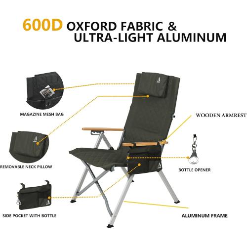 Reclining Camping Chair, Heavy Duty Folding Chairs with 4-Stage Adjustable High Back for Adults, Compact Foldable Outdoor Patio Reclining Chair with Storage Bag (Green, 1 Pack)