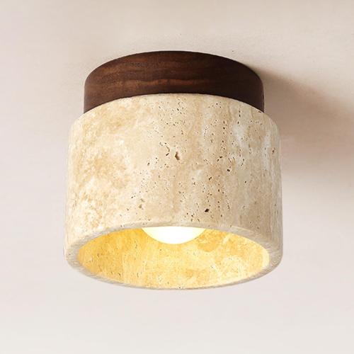 Wabi Sabi Ceiling Lights, 4.7 Inch Japanese Yellow Travertine Flush Mount Ceiling Light Fixture Stone Lampshade with Wooden Plate, Mid Century Ceiling Lamp for Corridor Foyer Entryway, E26 Base