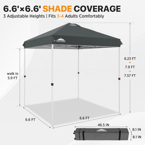 EAGLE PEAK 6.6x6.6 Pop Up Canopy Tent Easy Up Canopy Outdoor, Gray | Patented PeakPush™ Center Lock, 1 Person Setup Portable Pop Up Tent, Beach, Markets, Camping Sport Events, Wheeled Carry Bag
