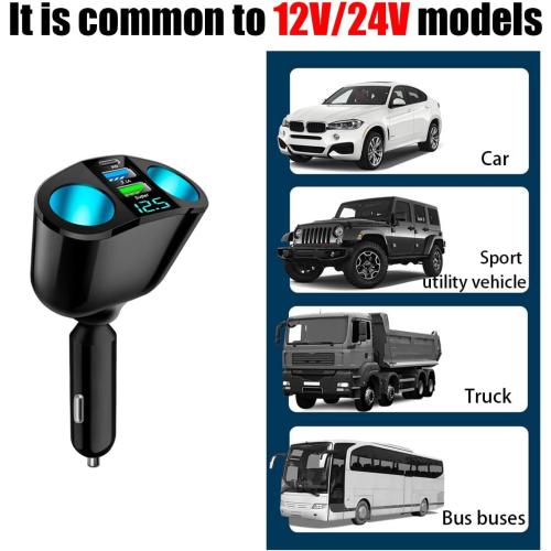 Car Cigarette Lighter Splitter, 2-Socket Cigarette Lighter Adapter with LED Voltmeter, Dual USB QC3.0 Type-C 20W PD Fast Car Charger, 12V/24V Splitter Adapter for Smart Phone GPS Dash Cam