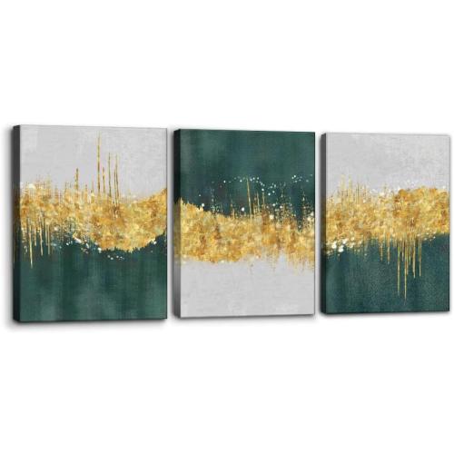 Pacimo Canvas Art Wall Decor Geometric Gold Green Pictures Strokes Abstract Shapes Illustrations Painting Prints on Canvas 3 Pieces Modern Artwork Stretched and Framed Ready to Hang - 12 x 16 x 3