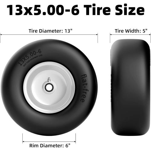 13x5.00-6 Flat Free Lawn Mower Tire, Zero Turn Mower Front Tires, 13x5x6 Solid Mower Wheel for Residential and Commercial, 3/4 & 5/8 Bearing, 3.25-5.9 Center Hub, 2Pack Gray, 500Lbs