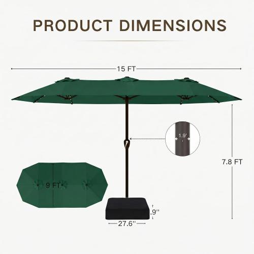 Kingdura 15ft Large Patio Umbrella with Solar Lights, Double-Sided Rectangle Outdoor Table Umbrella with Base Included, 12 Reinforced Ribs, 48 Led Lights, Crank Lift for Market Pool Deck, Dark green