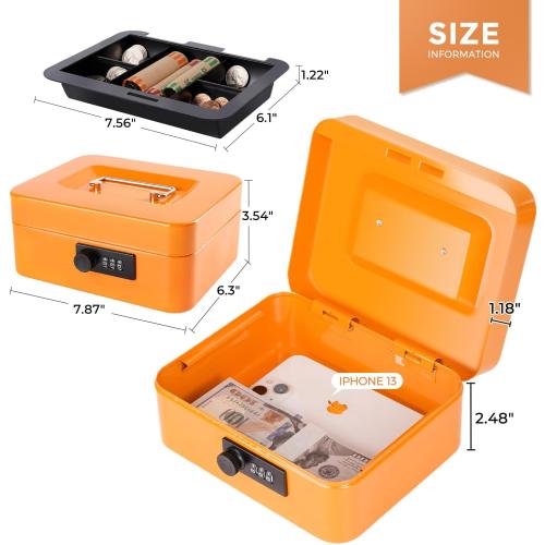 Cash Box with Money Tray and Combination Lock Metal Money Box Change Lock Box for Money 7.87 x 6.3 x 3.54 Orange