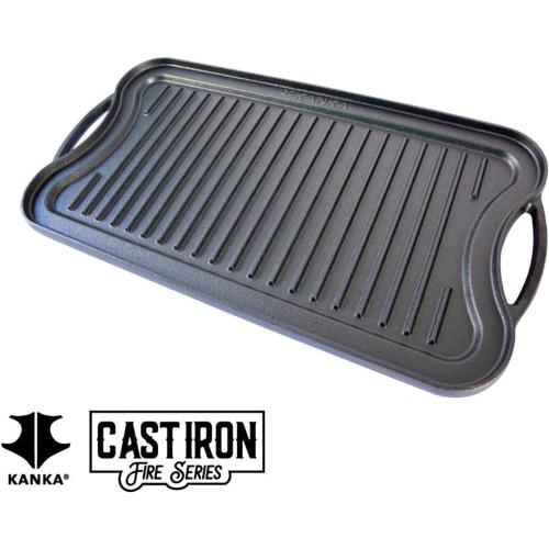 KANKA Grill Cast Iron Griddle - Extra Large Reversible Double-Sided Griddle for Gas Stove, BBQ Grill Plate, Flat Top Skillet for Stove Top, Outdoor Grill - 19.7in x 10.23in, Pre-Seasoned, Black