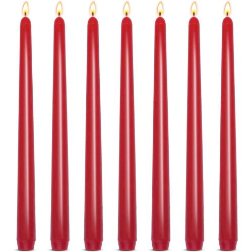 Set of 7 Red Colored Taper Candles, Dripless Unscented Skinny 10 Inch Tall Wax Candlesticks for Home Party Wedding Table Decoration