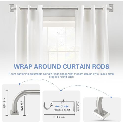 Nickel Wrap Around Curtain Rods:Blackout Heavy Duty Adjustable Window Curtain Rod Room Darkening,1Inch Modern Decorative Curved French Metal Single Drapery Rod Easy Install,Satin Nickel 48-90