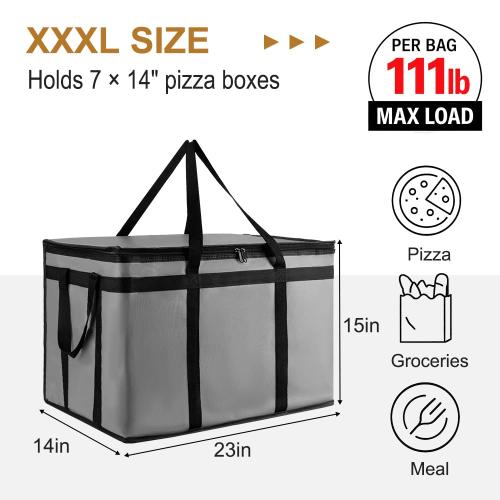 XXXL Insulated Food Delivery Bag - Reusable Thermal Cooler Grocery Bags for Catering & Delivery, Pizza Carrier for Events, Large Capacity Bag Keeps Food Hot/Cold for Shopping, Commercial (Gray, 1PK)
