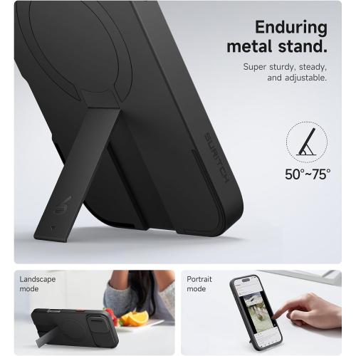 SURITCH for iPhone 16 Plus Case with Magnetic Camera Slide Cover and Adjustable Kickstand, Compatible with MagSafe, Shockproof Bumper Case Slim Protective Cover for iPhone 16 Plus 6.7 Inch, Black