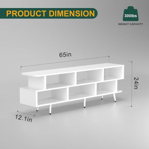 65 White TV Stand with Power Outlet for TVs up to 75, Large Entertainment Center with 8 Open Shelves,Media Console Table for Living Room/Entrance/Kitchen/Sofa Cabinet, Easy Assembly