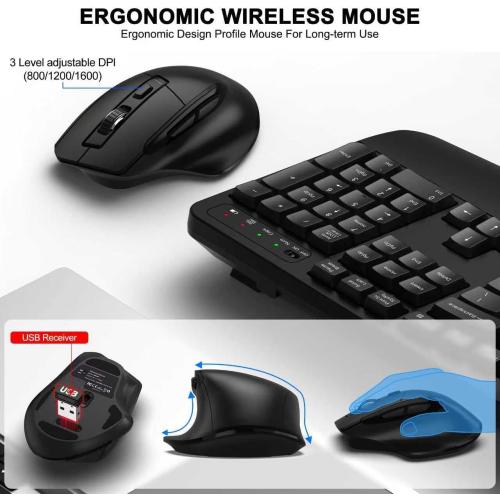 Wireless Keyboard and Mouse Combo, 2.4G Full Size Wave Keys Ergonomic Keyboard with Wrist Rest and 3-Level DPI Adjustable Wireless Ergonomic Mouse for Windows, Mac OS Desktop/Laptop/PC(Black)