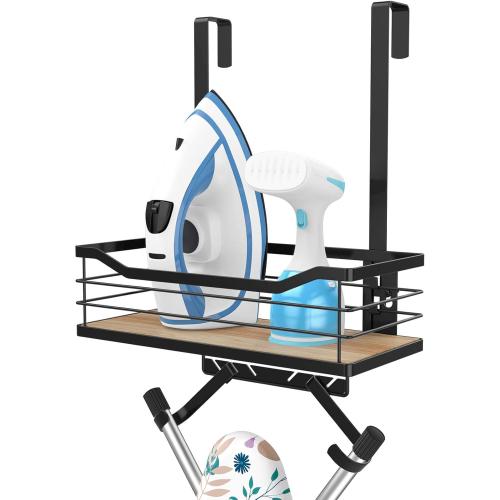 Ironing Board Holder Wall Mount - Laundry Room Organization and Ironing Board Holder Laundry Room Iron and Storage with Large Storage Wooden Base Basket and Removable Hooks(T&V Shaped)