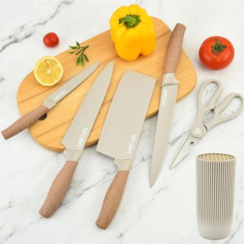 Knife Set, 6-Piece Khaki Kitchen Knife Set for Home, Anti-Rust Non-stick Stainless Steel Sharp Chef Knife Sets with Universal Knife Block for Kitchen, Ergonomical Design (Khaki)‼️Missing 2 pieces‼️