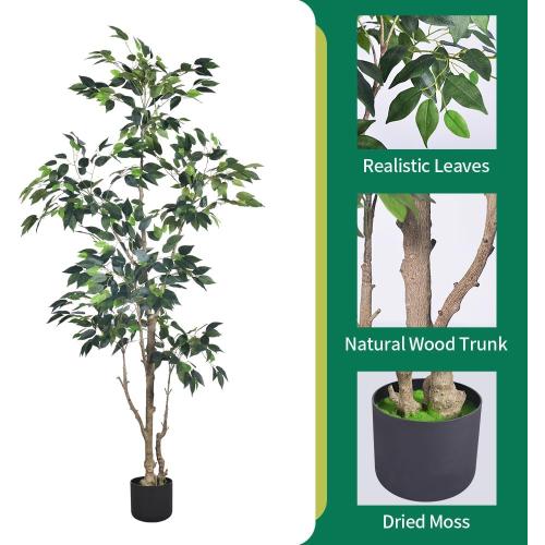 HAIHONG 6Ft Artificial Ficus Tree with Realistic Leaves, Livelike Faux Silk Indoor Outdoor Plant for Home Office Decor Living Room, Porch, Garden Decor