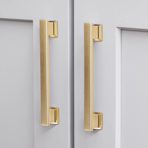 5 Pack Square Brushed Brass Cabinet Pulls, 5 Inch(128mm) Hole Centers Brushed Gold Cabinet Handles Hardware for Kitchen Cupboard Closet Bathroom Dresser Drawer, Solid Zinc Alloy