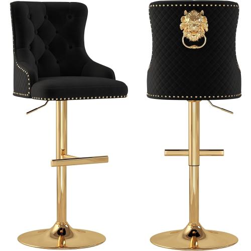 ABET Bar Stools Set of 2, Golden Base Counter Height Stools with Footrest, Velvet Adjustable Swivel Kitchen Island Chair with Upholstered Tufted High-Back, Lion Head Ring Nailhead Trim, Black (NO TEST)