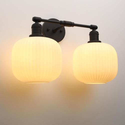 Pathson 2 Lights Milk White Globe Wall Sconce, Hardwired Antique Double Sconce for Living Room Home Decor, Striped Glass Bathroom Vanity Light, E26 Bulb Base
