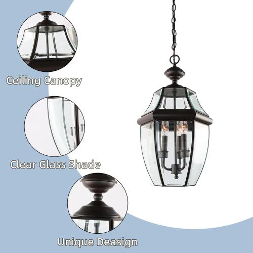 Large Outdoor Pendant Light Fixture 3-Light, 20in Modern Bronze Outdoor Chandelier Hanging Porch Light, Metal Exterior Ceiling Mount Hanging Lantern with Clear Glass for Front Door, Entrance, Gazebo