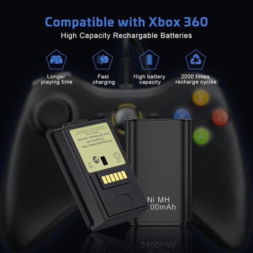 Black 2Pack Rechargeable Battery for Xbox 360 Controller, Charger Dual Charging Station Dock with 2 Pack Rechargeable Battery Compatible with Xbox 360