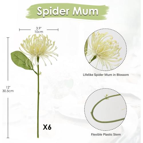 Briful 6PCS Artificial Chrysanthemum Spring Flowers 4'' Fake Pincushion Flower Large Spider Mums Flowers for Home Vase Décor Centerpiece Wedding Bouquet (Green White)