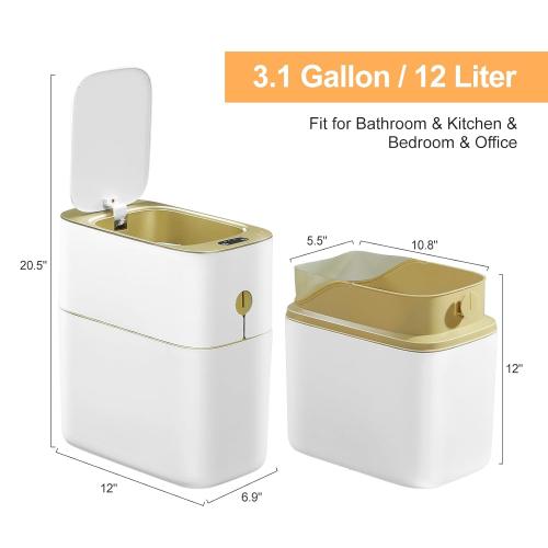 MOPALL Touchless Bathroom Trash Can with Lid, 3 Gallon / 12L Slim Motion Sensor Garbage Bin, Automatic Waste Basket for Bedroom, Office & Narrow Spaces, White & Gold