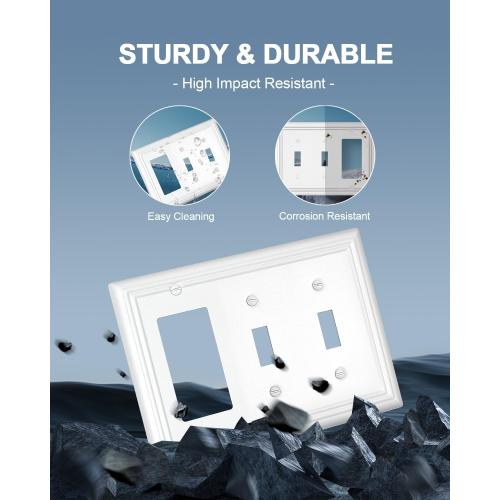 Metal Wall Plates, Decorative Switch Plates and Outlet Covers (Pure White/2 Toggle/1 Decorator 1 Pack)