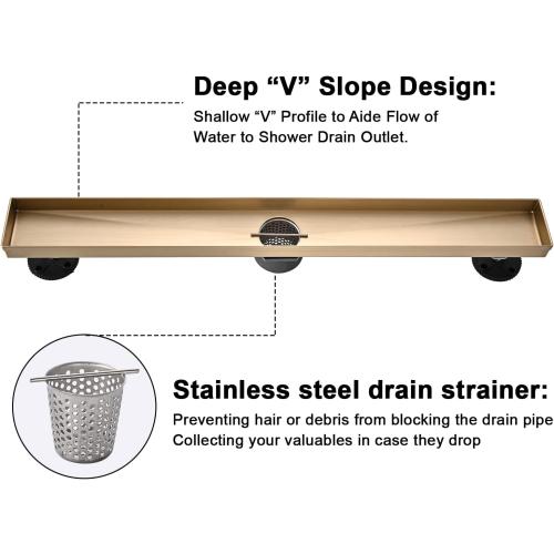 Linear Shower Floor Drain, Brushed Gold 48 Inch 304 Stainless Steel Bathroom Drains Kit, Rectangular Shower Trench Drain with Reversable Tile-in Pattern Drain Cover & Hair Catcher