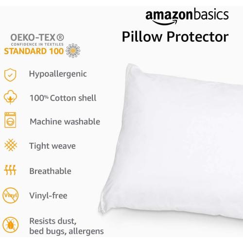 Amazon Basics King Pillow Protector with Zipper, Breathable 100% Cotton Hypoallergenic, Tight Weave, Machine Washable, White, 37 x 21 Inches, Pillows Not Included