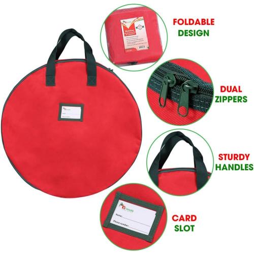 Primode Christmas Wreath Storage Bag  Artificial Wreath Container - Garland Holiday Xmas Wreaths Holder - Sturdy Handles - Inner Straps - Card Slot Dual Zipper Strong Oxford