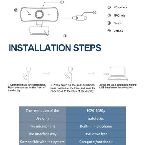 Hilitand 1080P Business Webcam with Microphone, USB 4K Web Computer Camera, for Live Broadcast/Net Class, Computer Accessory for 2000 /XP /7/8(Black)