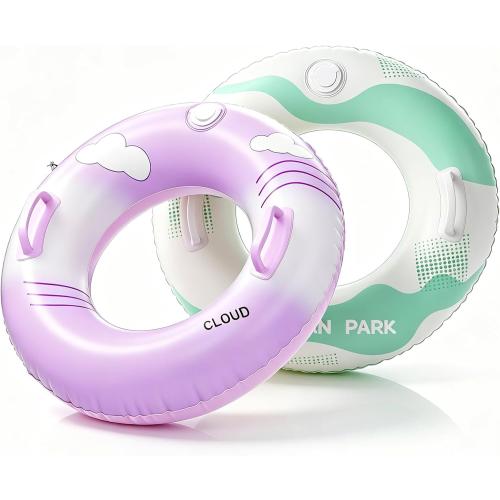 2 Pack Pool Floats for Kids & Adults Built-in Press Pump Inflatable Swim Rings with Handles, Water Tubes for Summer Beach Party Pool