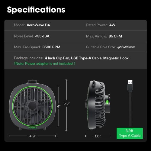 VIVOSUN AeroWave D4, 4” Grow Tent Clip Fan with Detachable Hook, 3-Speed Strong & Quiet Airflow, Adjustable Airflow Angle for Hydroponics, Circulation & Cooling, Black, 2-Pack