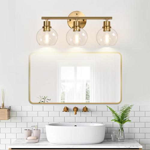 3-Light Bathroom Light Fixtures, Brushed Gold Modern Vanity Lights Over Mirror with Clear Glass Globe Shade, Bathroom Wall Sconces for Mirror Kitchen Living Room Hallway Cabinet Bedroom Porch