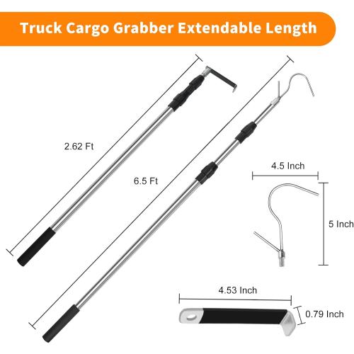 6.5 Ft Truck Cargo Grabber Reach Retriever Tool,Expandable Heavy Duty Stainless Steel Truck Telescoping Pull Pole with Two Hooks for Pickup Truck SUV Boat Accessories