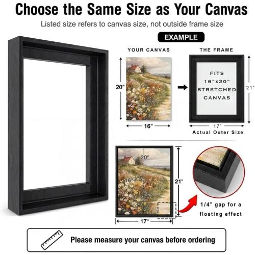 Canvas Floater Frame for Finished Canvas Art, 1.25 Deep Floating Shadow Gap Design, Floating Frame for Canvas Art, Modern Gallery Style Wall Decor, Hardware Included (Light Brown, 24x36)