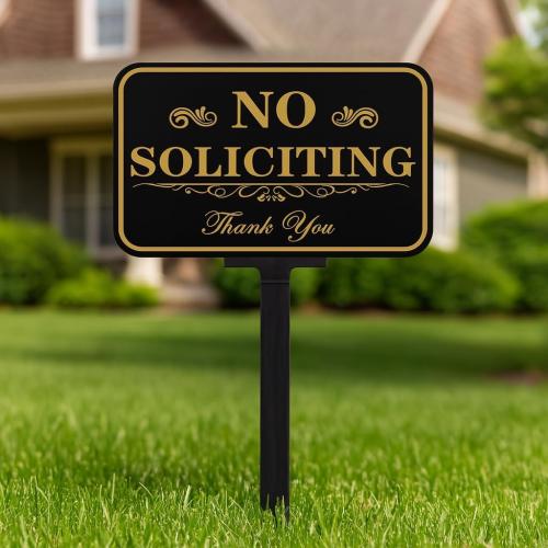 Large No Soliciting Sign with Stake,14 x 10 Inch 40-mil Thick Aluminum,37 Inch Long Adjustable Height,Outdoor Metal No Soliciting Yard Sign for House/Front Door and Business