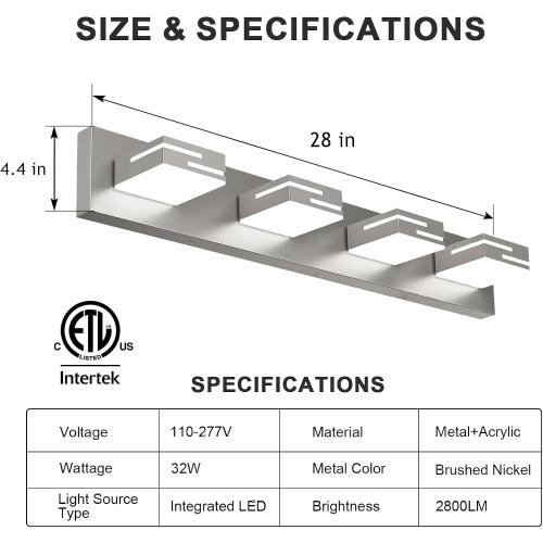 LED Modern Bathroom Vanity Light Fixtures, Dimmable Brushed Nickel Vanity Lights for Bathroom Lighting Fixtures Over Mirror, with 360° Rotatable Acrylic Heads 4-Light 28-inch (Cool White 6000K)