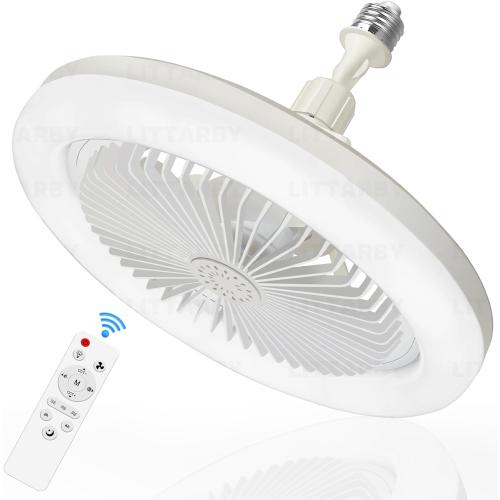White Socket Fan Light with Remote Control, 3 Colors 3000K-6500K Dimmable LED Light Bulb Fan Screw in Ceiling Fan for Bedroom, Kitchen, Storage Room, Closet, Wireless Small Ceiling Fans with Lights - White