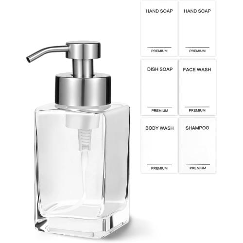 Foaming Soap Dispenser, 12oz/350ml Glass Foaming Hand Soap Dispenser Set,Refillable Foam Dispenser with Foaming Pump, Labels, Square Hand Dispenser for Bathroom, Kitchen 1 Pack