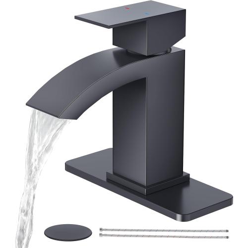 CREA Matte Black Waterfall Bathroom Faucet 1 Hole Single Handle Bathroom Sink Faucet with Pop Up Drain,Stainless Steel RV Vanity Faucet Basin Mixer Tap 3 Hole Plate Water Supply Line