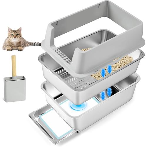 Stainless Steel Litter Box, 23.6 L x 15.7 W Drawer Type Semi-Enclosed Cat Litter Box with Sifting Pan, Scoop for Big Cat Easy Cleaning