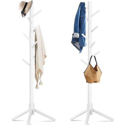 2 Pack Coat Rack, Solid Wood Coat Rack Freestanding with 8 Hooks & 3 Adjustable Heights, Simple Assembly Coat Tree for Hats, Bags, Wooden Coat Hanger Stand for Bedroom, Entryway, Office