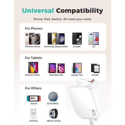 2-in-1 Retractable Wall Charger Plug with USB C Port and 27in/70cm Type C Cable,Travel Essentials 30W Fast Charging Foldable Block for iPhone 17/16/15,iPad,Galaxy,Pixel-White